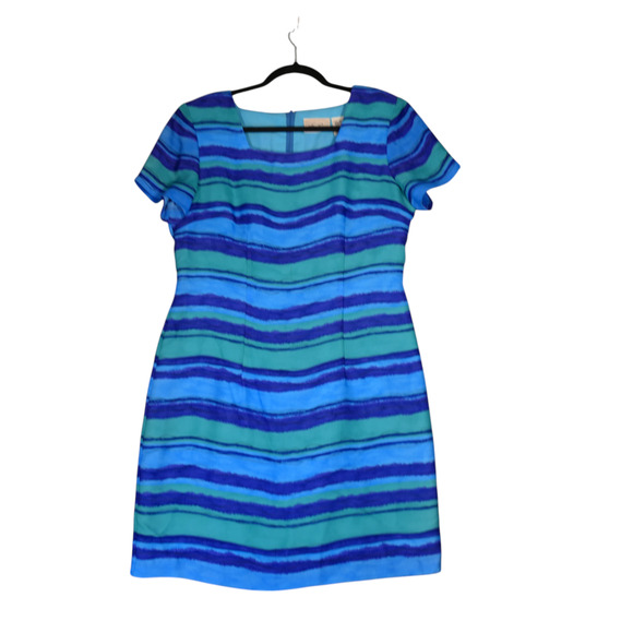 Kathie Lee Sheath Dress Womens Size 12 Blue Watercolor Lined Shoulder Pads - Picture 2 of 12